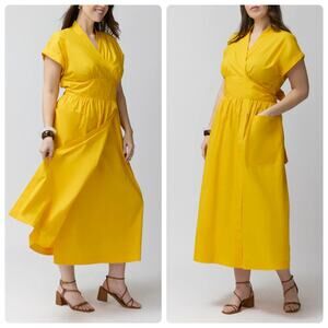 Carla Rockmore 100% Cotton Yellow Wrap Midi Dress with Pockets – Size S NWT